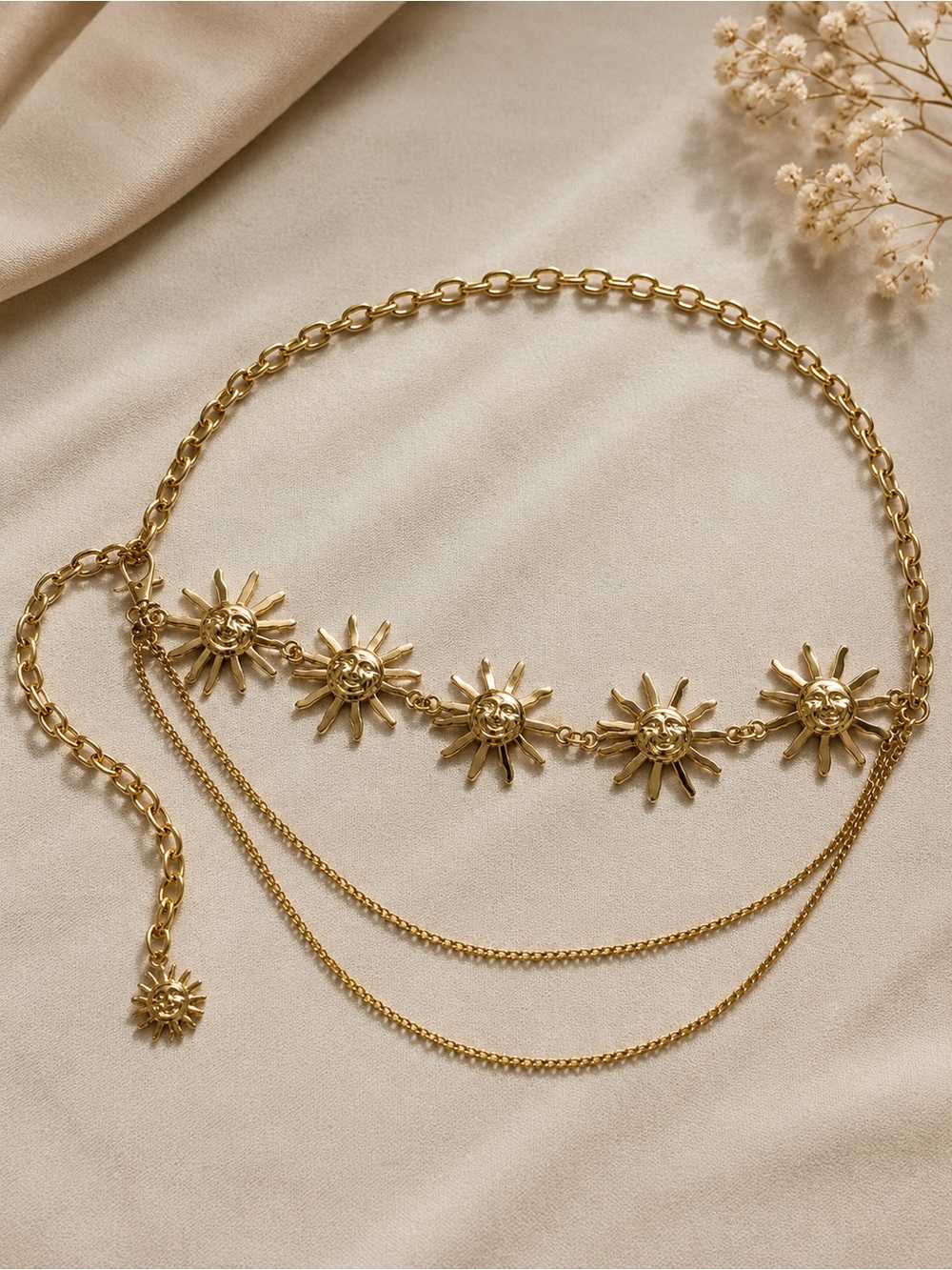 Gold Sun Charm Chain Waist Belt NWT | Adjustable Boho Festival Celestial S/M - Picture 3 of 4